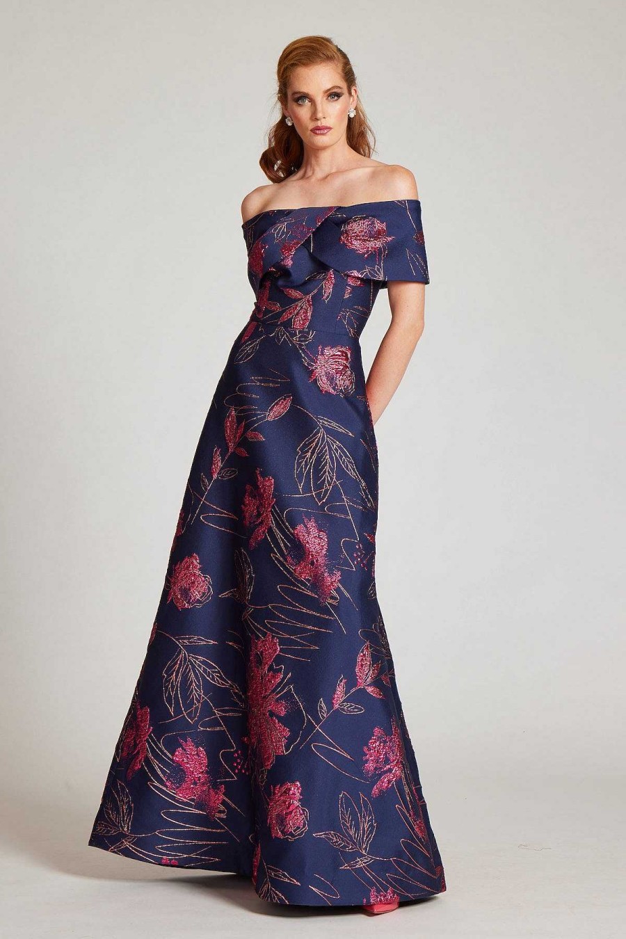 Clothing Teri Jon | Off Shoulder Metallic Jacquard A Line Skirt Gown