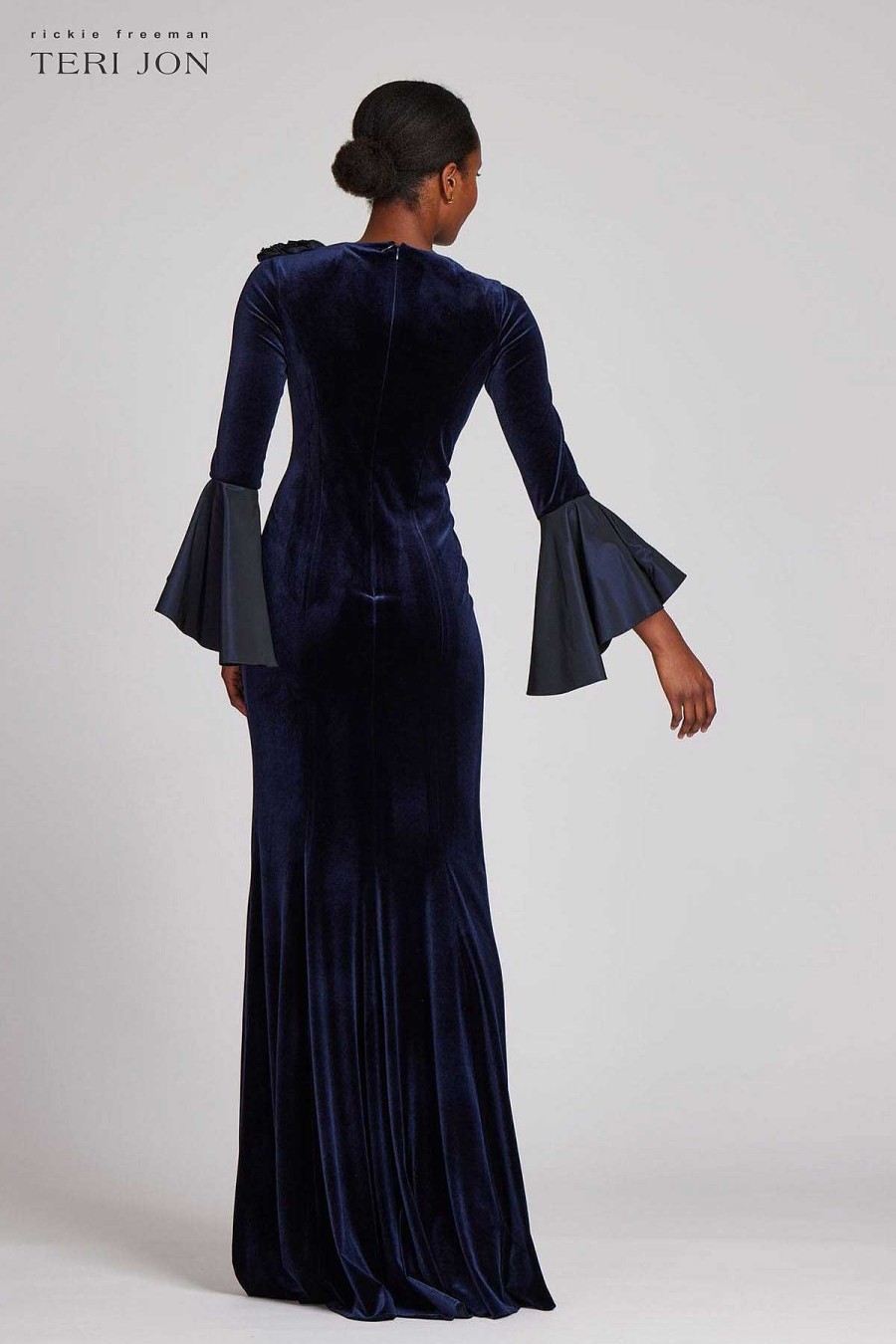 Clothing Teri Jon | Velvet Column Gown With Floral Applique Shoulder