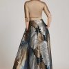 Clothing Teri Jon | Taffeta Shirt Gown With Feather Pattern Gold Multi