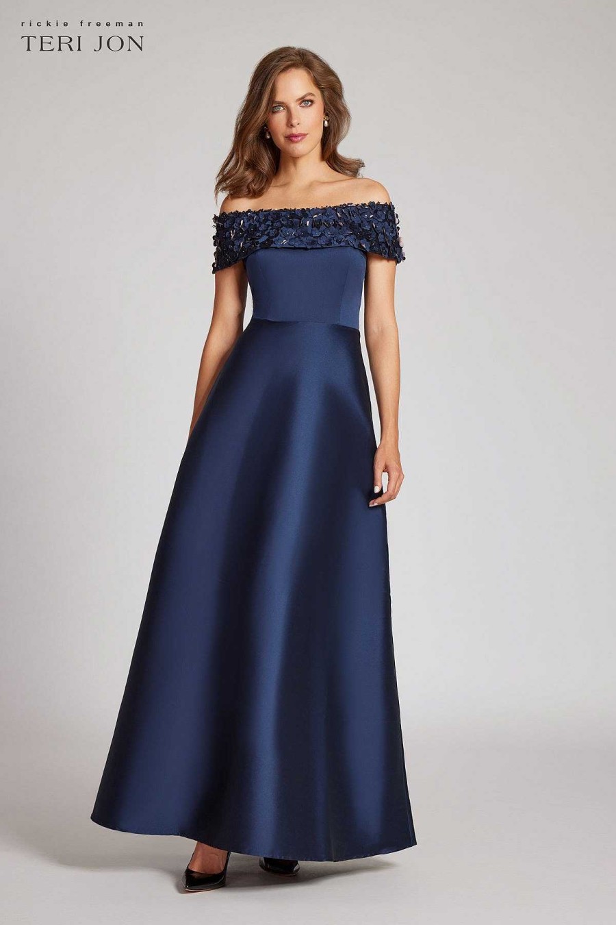 Clothing Teri Jon | Off Shoulder Stretch Gazar Gown Navy