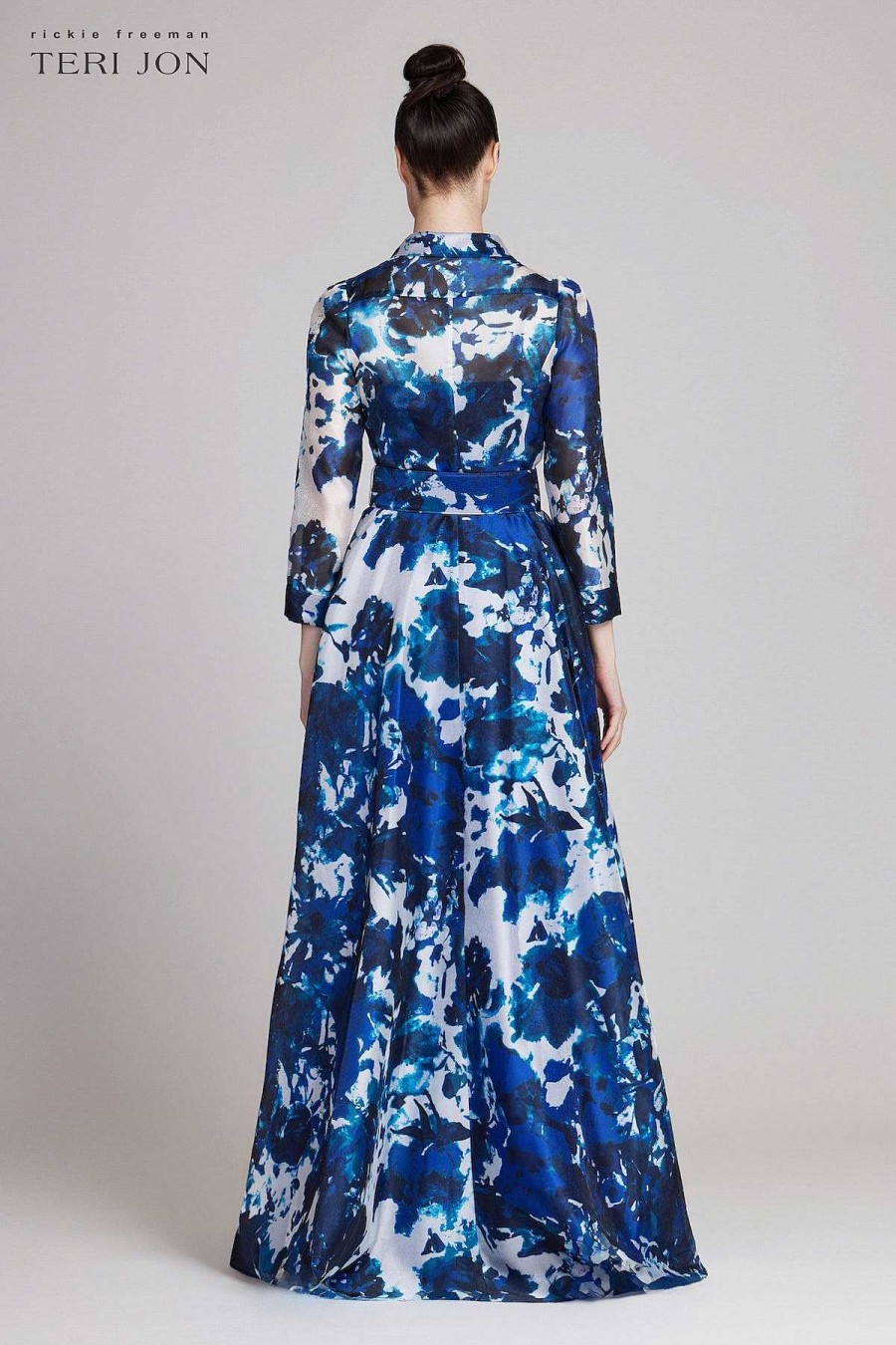 Clothing Teri Jon | Organza Floral Printed Shirt Gown Blue Multi