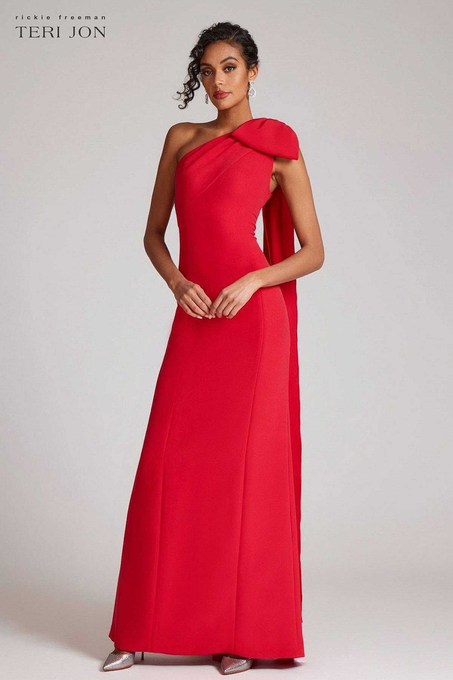 Clothing Teri Jon | One Shoulder With Bow Draped Column Gown Red