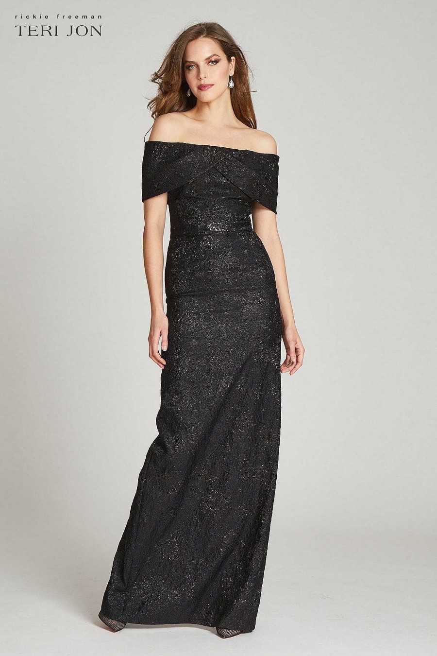 Clothing Teri Jon | Jacquard Off Shoulder Portrait Column Gown