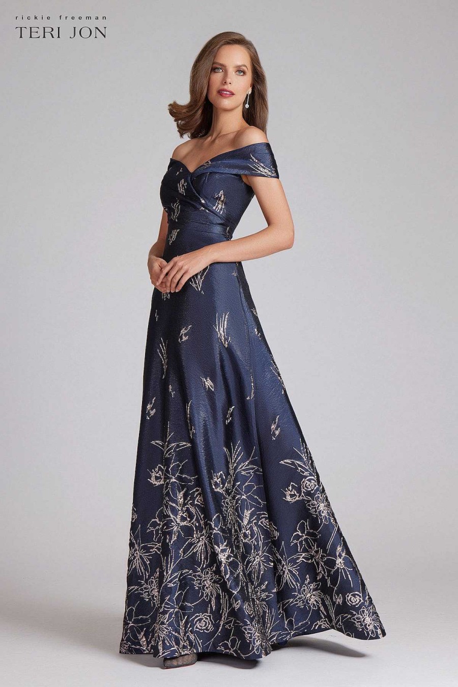 Clothing Teri Jon | Off Shoulder Metallic Border Pattern Gown Navy/Gold