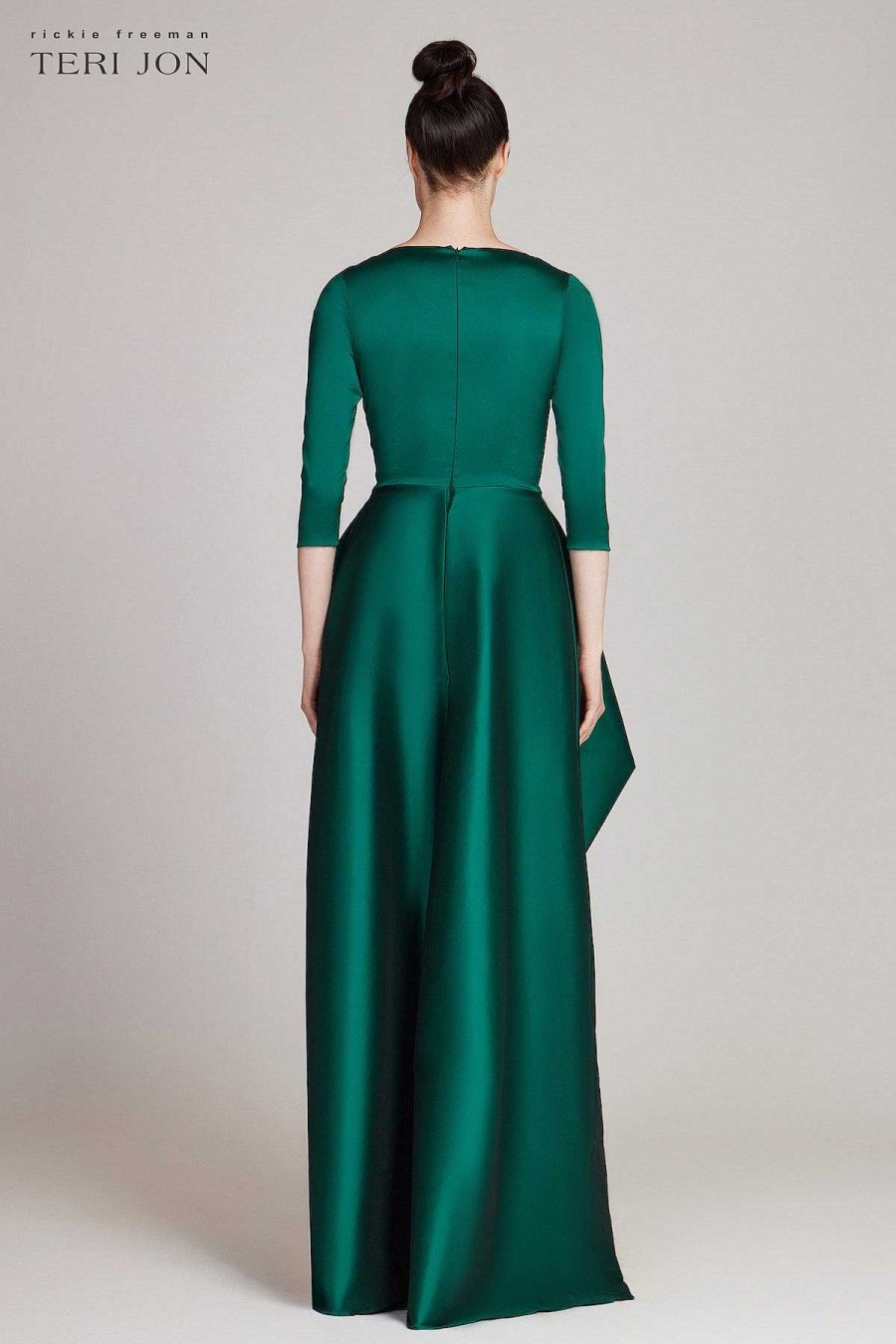 Clothing Teri Jon | Stretch Taffeta 3/4 Sleeve Surplus V Neck Gown Emerald