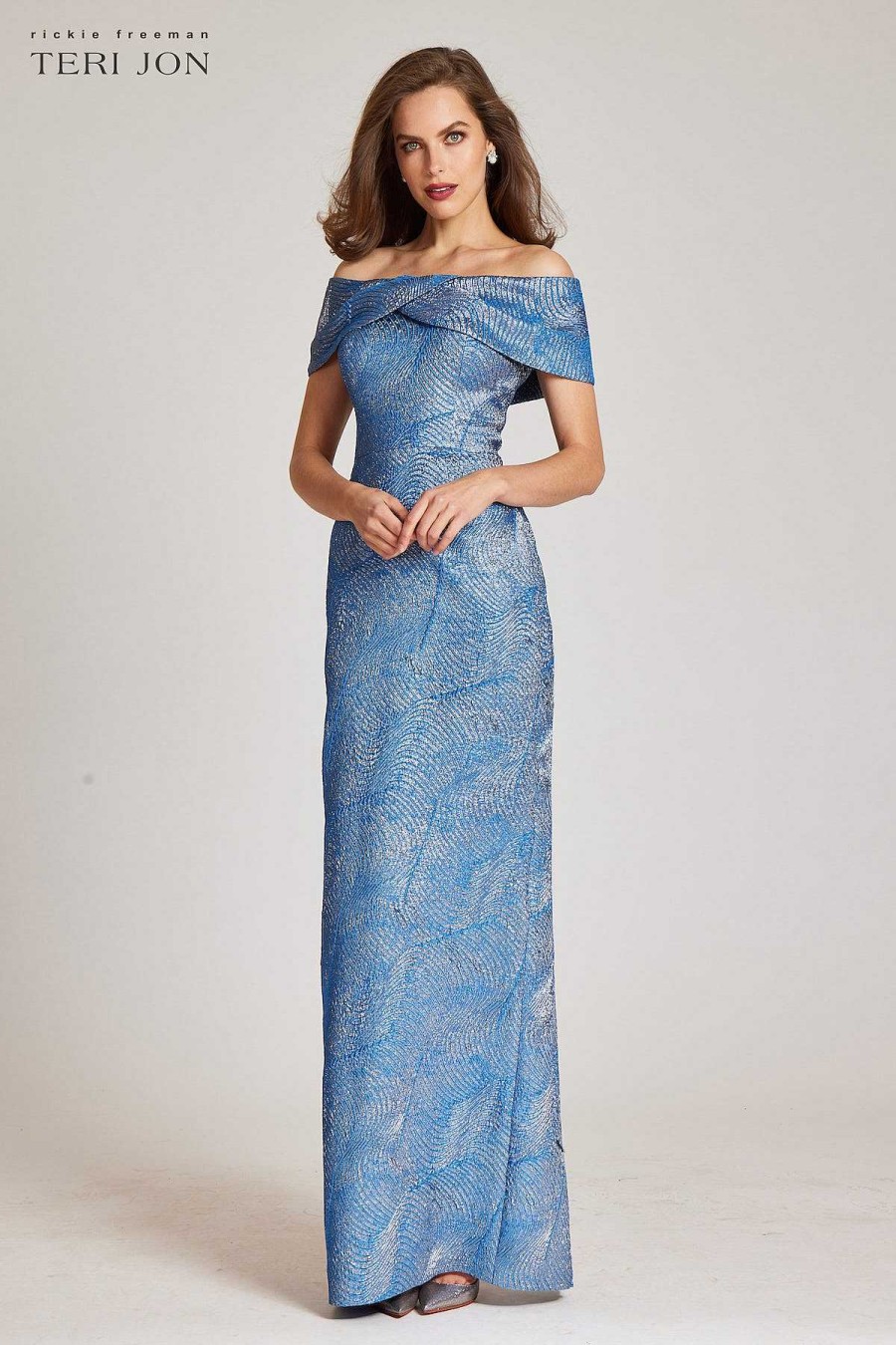 Clothing Teri Jon | Off Shoulder Metallic Jacquard Swirl Pattern Blue Multi