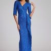 Clothing Teri Jon | Peplum Stretch Metallic Jacquard Gown Cobalt