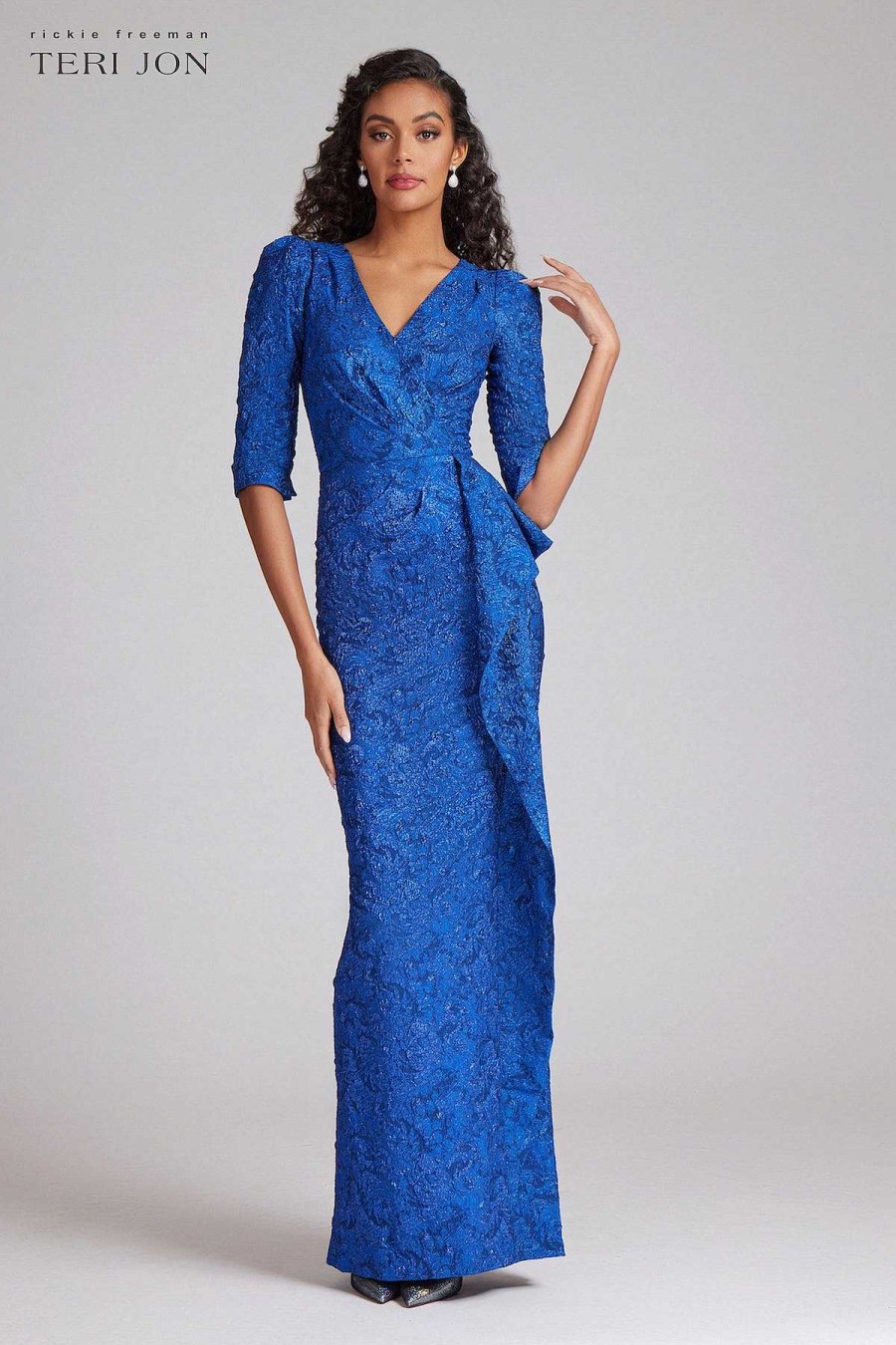 Clothing Teri Jon | Peplum Stretch Metallic Jacquard Gown Cobalt