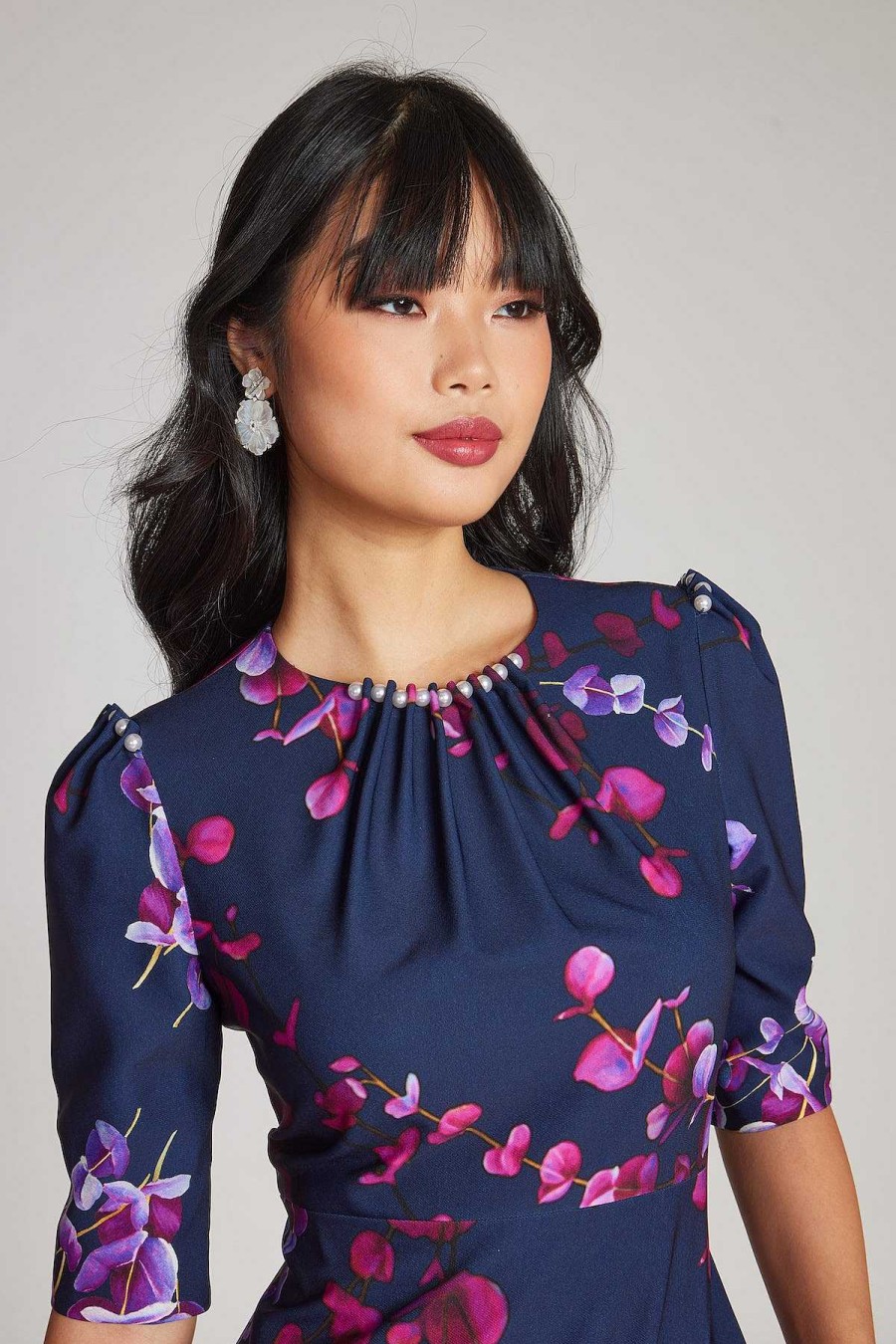 Clothing Teri Jon | Floral Printed Scuba Jewel Neckline Dress Navy Multi