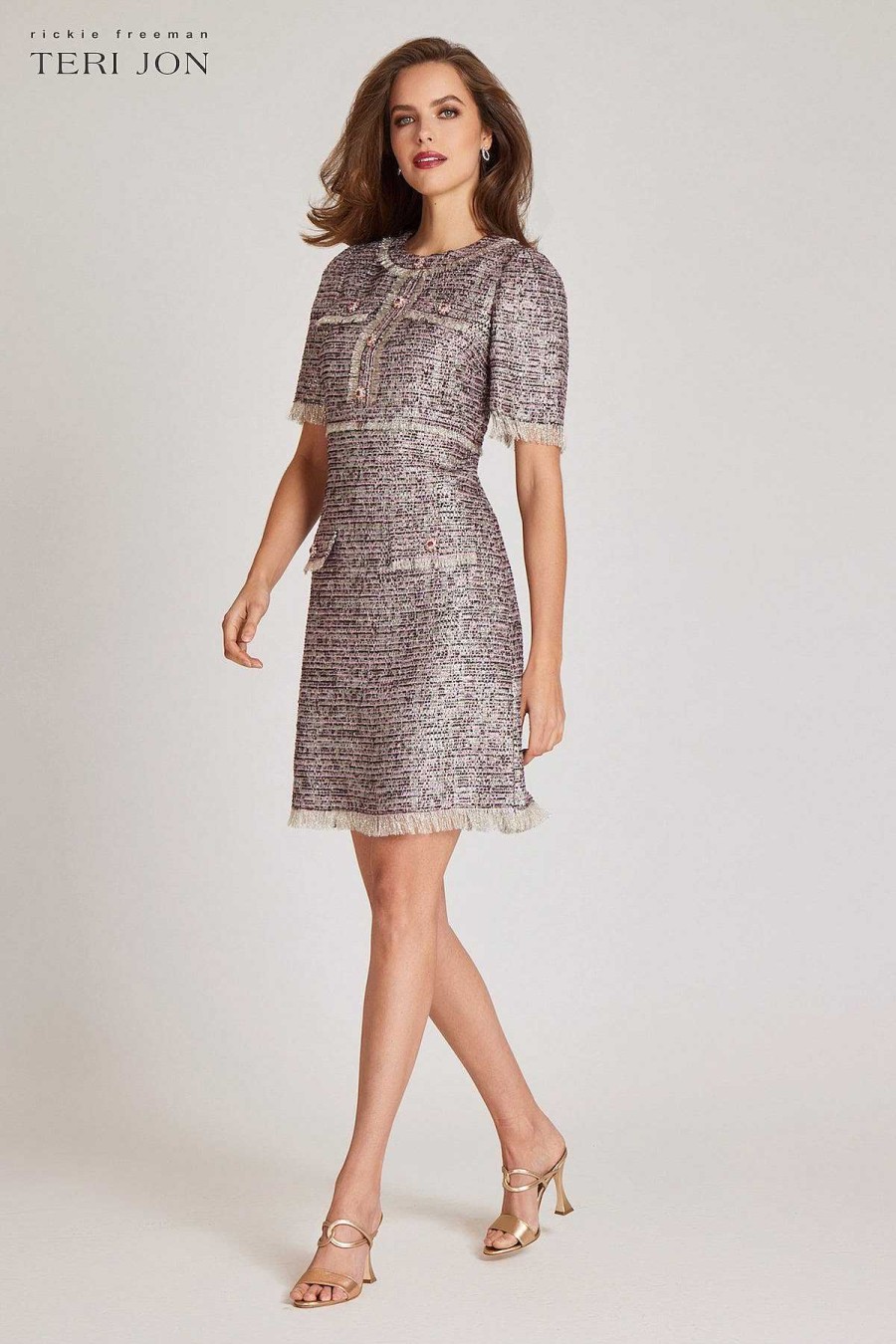 Clothing Teri Jon | Metallic Tweed Dress With Fringe Hem & Jewel Neck Pink Multi