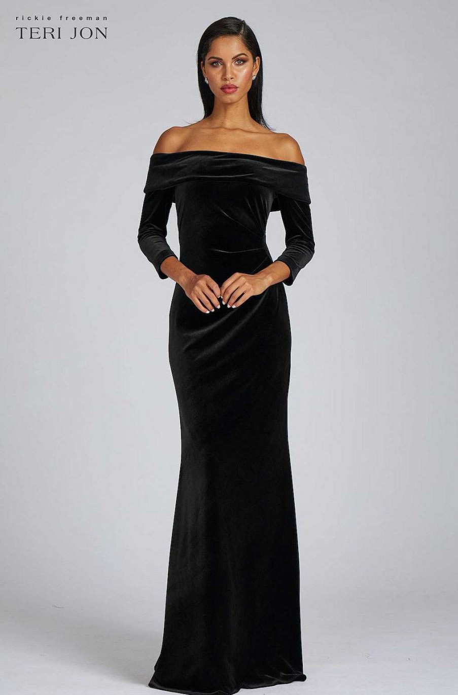 Clothing Teri Jon | Off The Shoulder Stretch Velvet Portrait Collar Column Gown