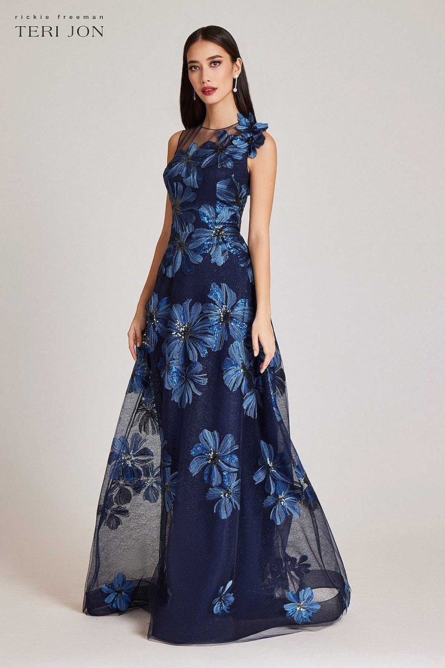 Clothing Teri Jon | Floral Embroidered Tulle Gown With 3D Flower Sapphire Multi