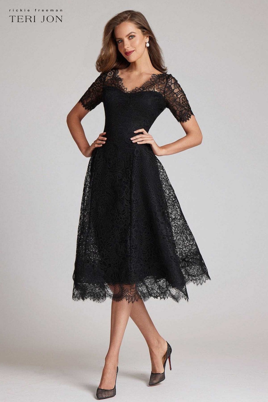 Clothing Teri Jon | Lace V Neck Flare Dress