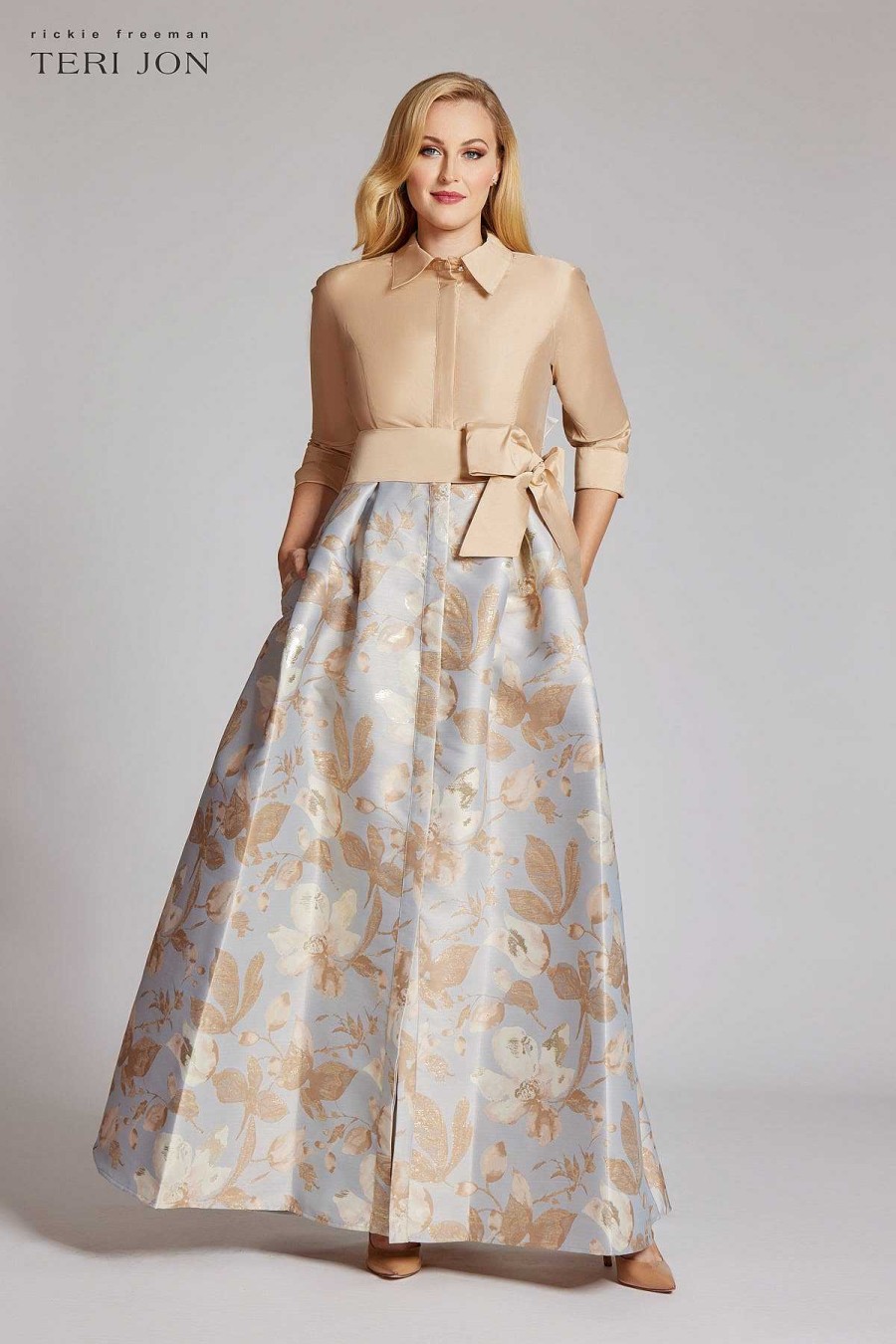 Clothing Teri Jon | Taffeta Shirt Gown With Jacquard Floral Skirt Gold Multi