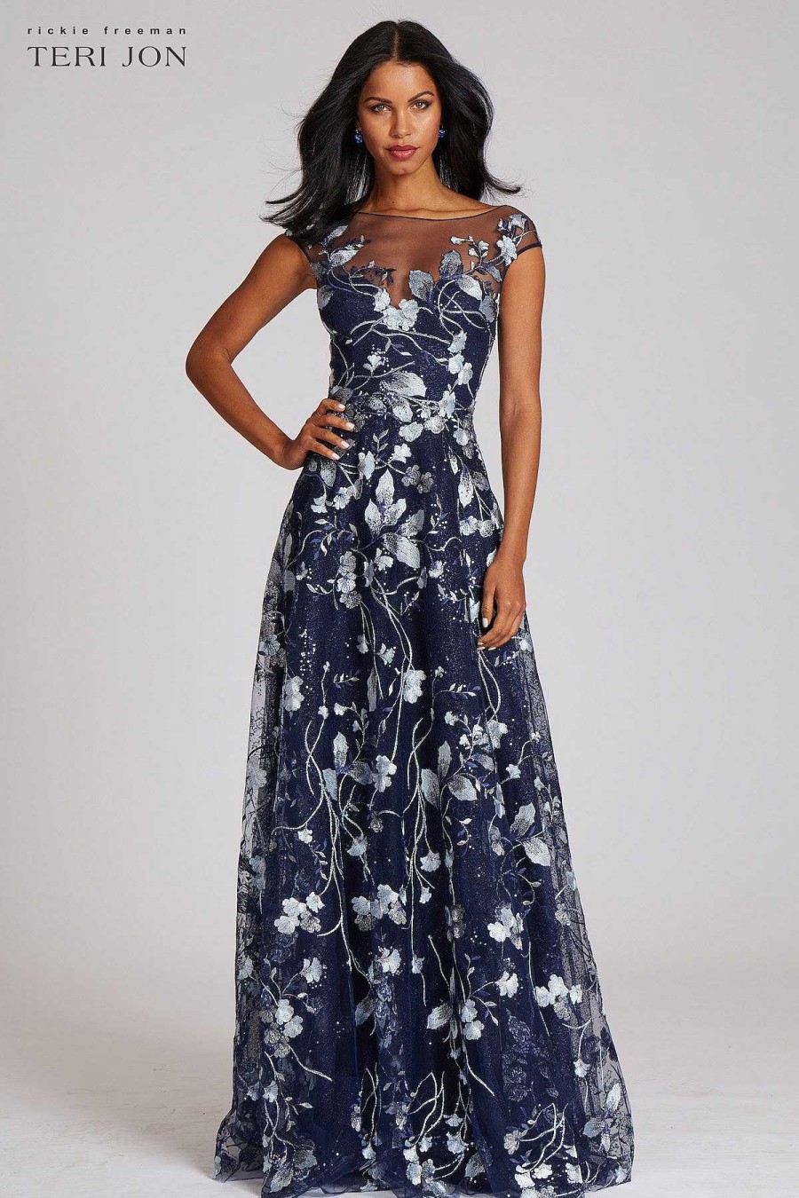 Clothing Teri Jon | Embroidered Lace Illusion Gown Navy/Silver