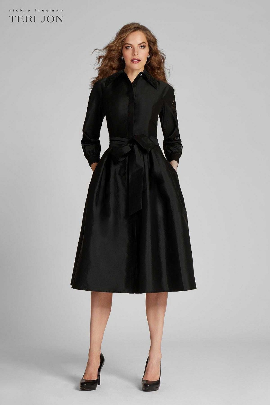 Clothing Teri Jon | Taffeta Eyelet Collar And Sleeve Shirt Dress