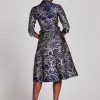 Clothing Teri Jon | Pattern Metallic Jacquard Shirt Dress Navy/Blush