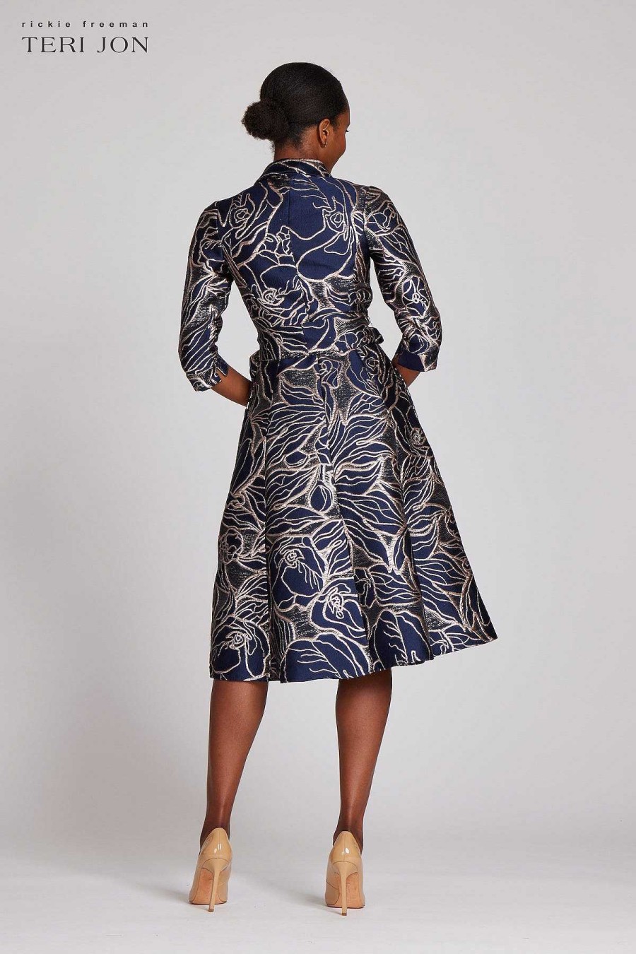 Clothing Teri Jon | Pattern Metallic Jacquard Shirt Dress Navy/Blush