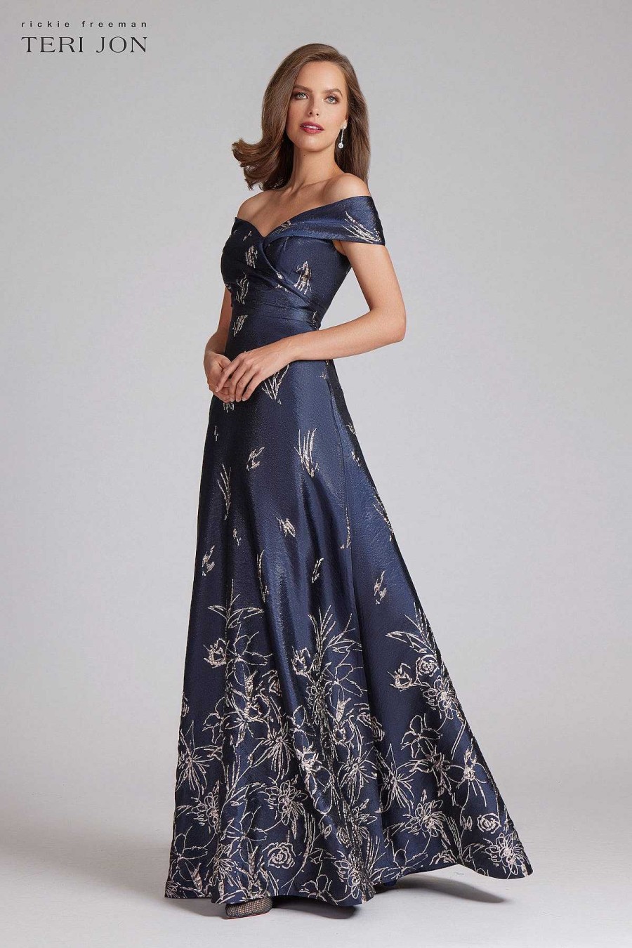 Clothing Teri Jon | Off Shoulder Metallic Border Pattern Gown Navy/Gold