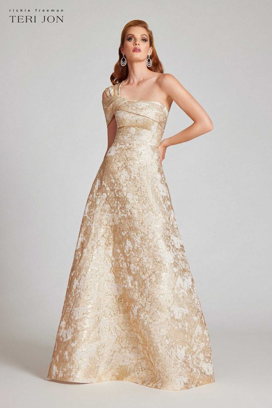 Clothing Teri Jon | Metallic Jacquard Asymettrical Gown Ivory/Gold