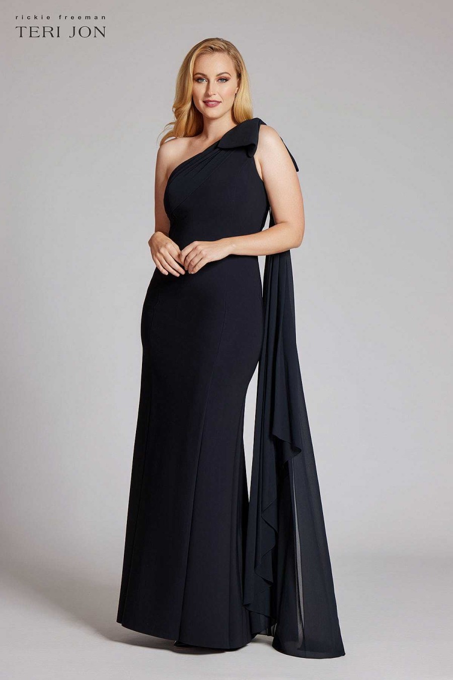 Clothing Teri Jon | One Shoulder Scuba Gown With Chiffon Cape