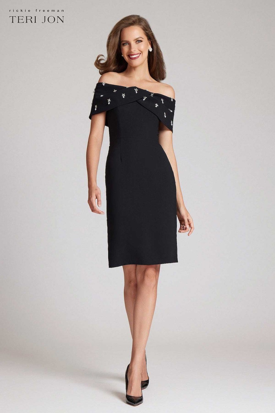 Clothing Teri Jon | Crepe Off Shoulder Jewel Trim Portrait Dress Black