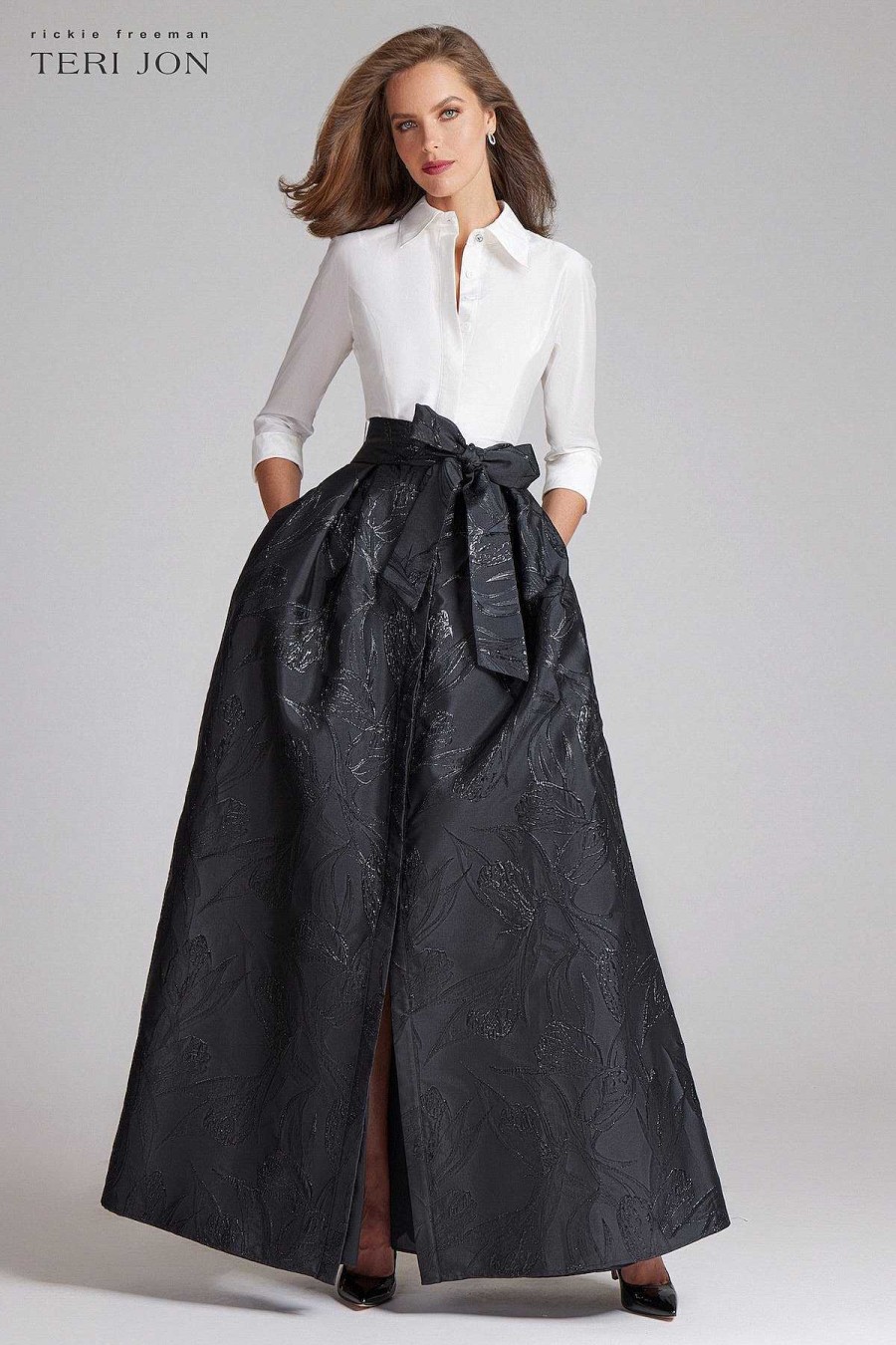 Clothing Teri Jon | Taffeta Shirt Gown With Textured Jacquard Skirt White Black