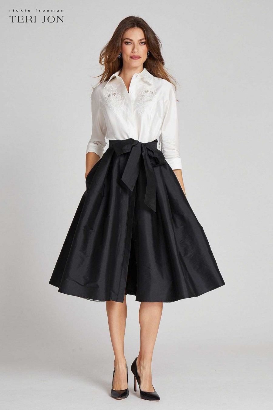 Clothing Teri Jon | Taffeta Eyelet Top Shirt Dress White Black