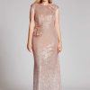 Clothing Teri Jon | Stretch Sequin Cap Sleeve 3D Flower Trim Gown Rose Gold