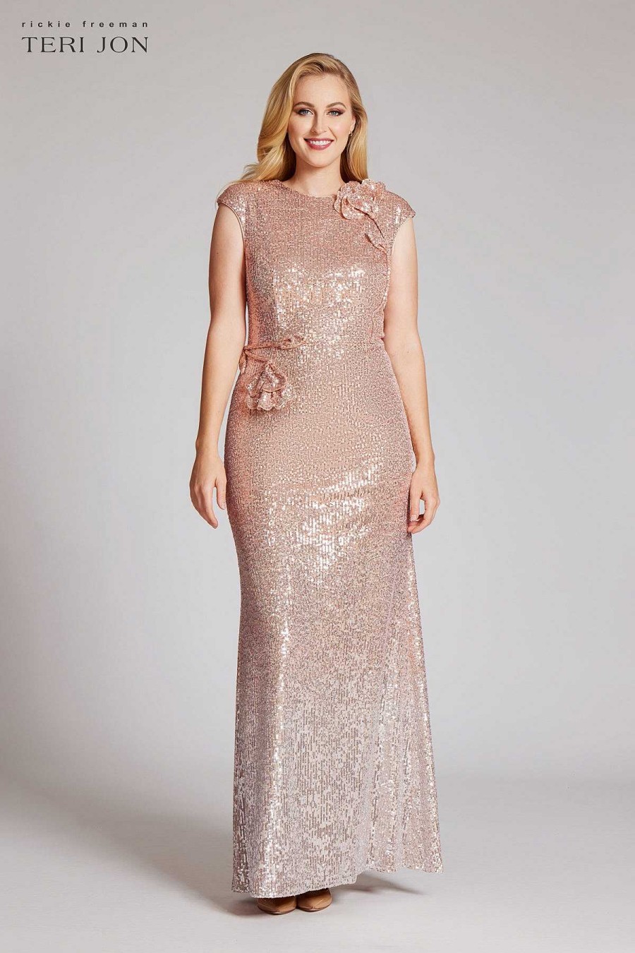 Clothing Teri Jon | Stretch Sequin Cap Sleeve 3D Flower Trim Gown Rose Gold