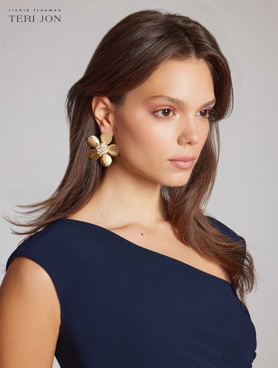 Accessories Teri Jon | Tropical Pearl Flower Earrings Gold