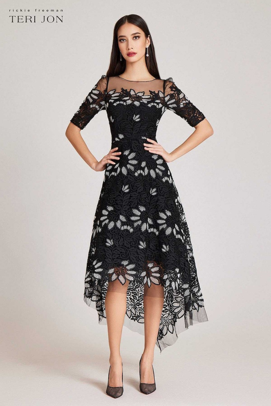 Clothing Teri Jon | Floral 2 Tone Elbow Sleeve Lace High Low Dress Black White