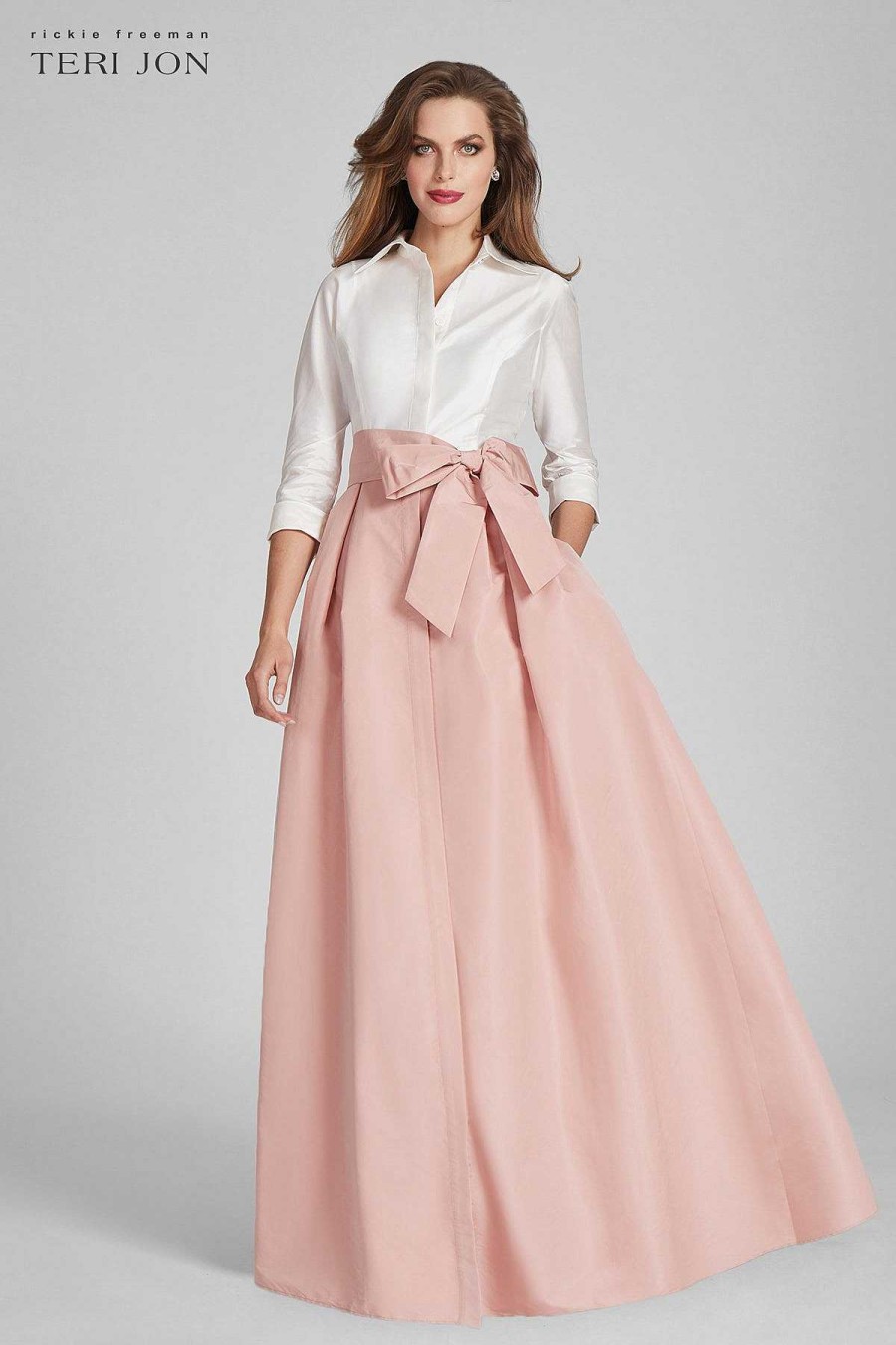 Clothing Teri Jon | Taffeta Shirt Gown With White Top And Bright Color Skirt