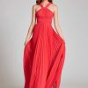 Clothing Teri Jon | Chiffon Crystal Accordian Pleated Twist Gown Tangerine