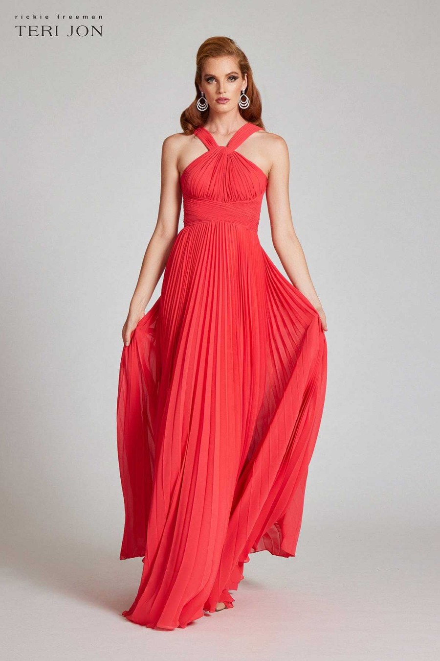 Clothing Teri Jon | Chiffon Crystal Accordian Pleated Twist Gown Tangerine