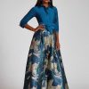 Clothing Teri Jon | Taffeta Shirtdress Gown With Metallic Jacquard Skirt Peacock Gold