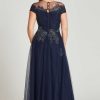 Clothing Teri Jon | Cap Sleeve Tulle Draped Bodice Beaded Applique Gown