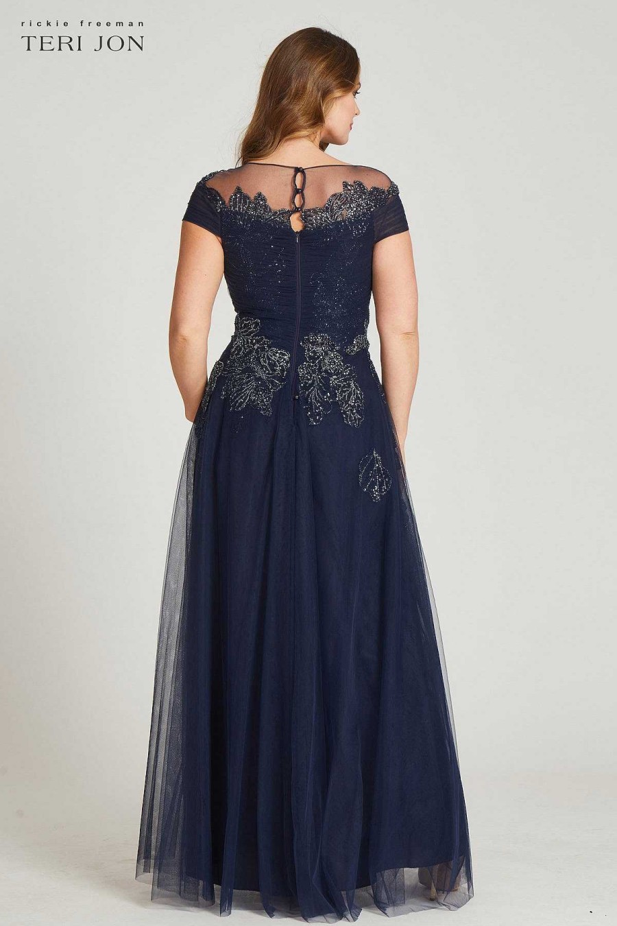 Clothing Teri Jon | Cap Sleeve Tulle Draped Bodice Beaded Applique Gown