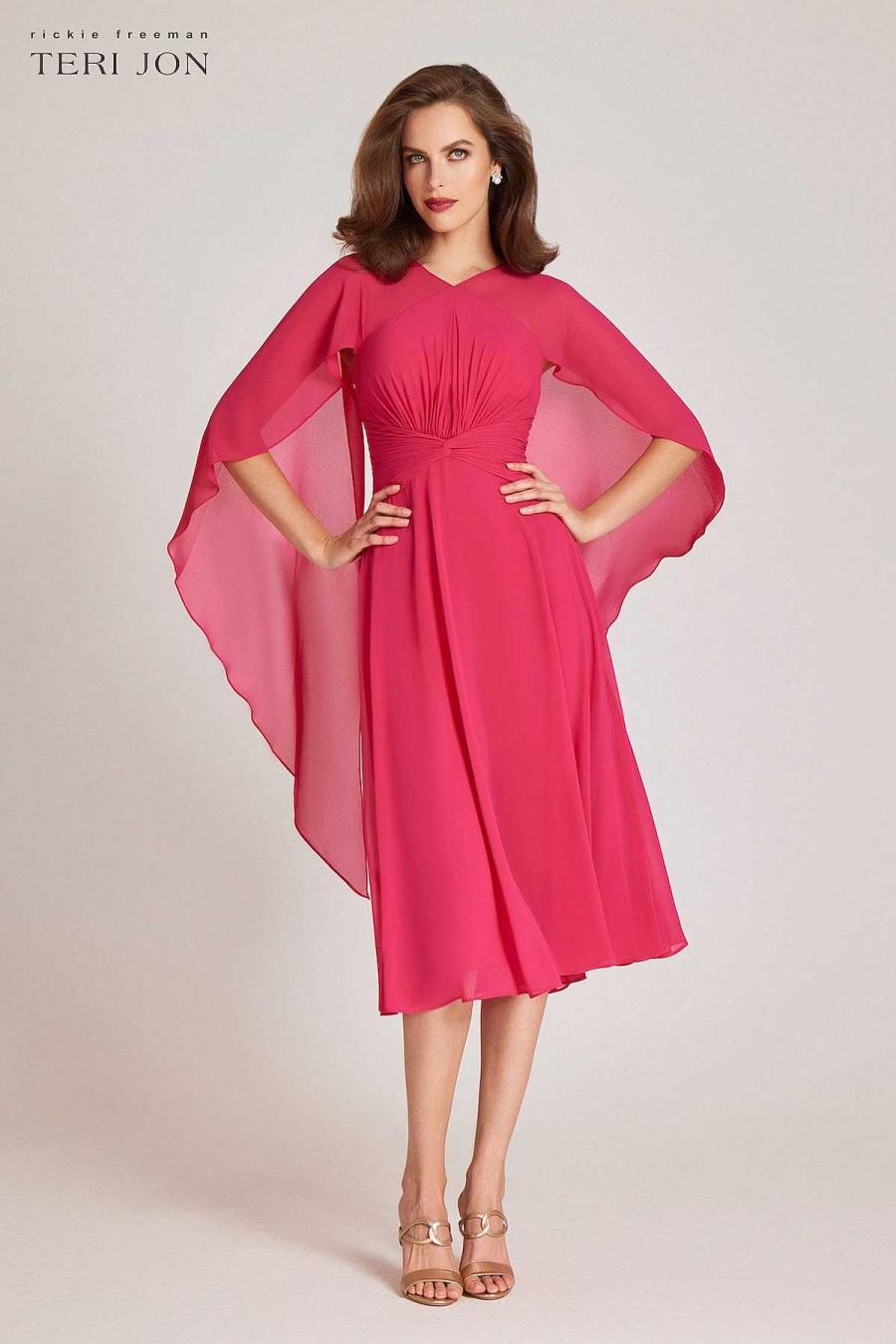 Clothing Teri Jon | Chiffon Cascade Cape Rouched Waist A Line Dress Hot Pink