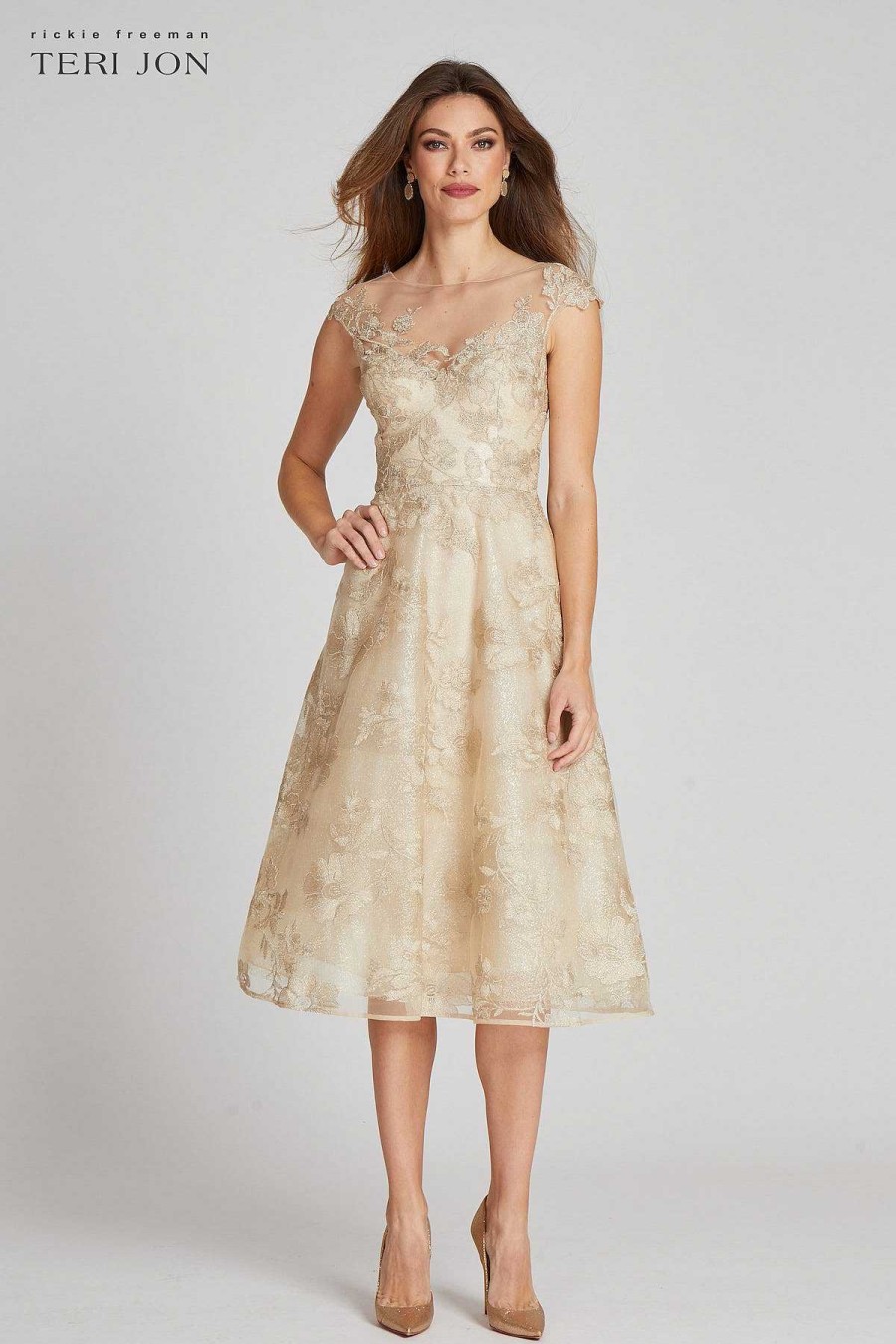 Clothing Teri Jon | Cap Sleeve Tulle Appliqued Lace Fit N Flare Dress Gold