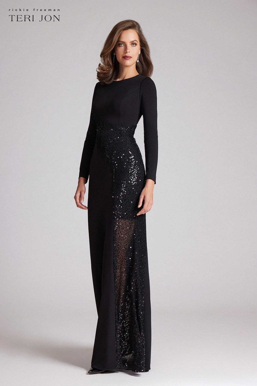 Clothing Teri Jon | Crepe Long Sleeve With Sequin Lace Gown Black