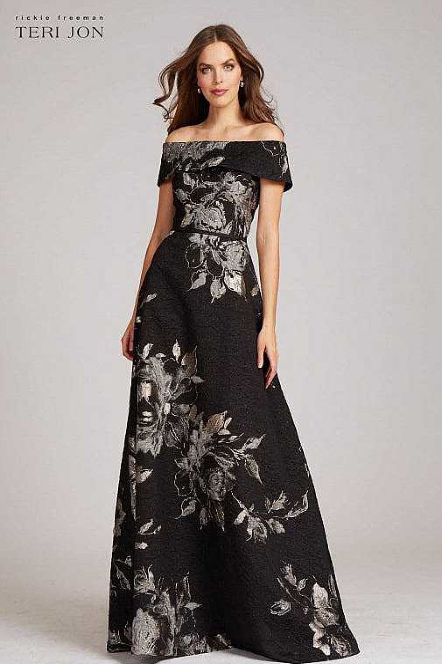 Clothing Teri Jon | Large Floral Pattern Jacquard Off The Shoulder Gown