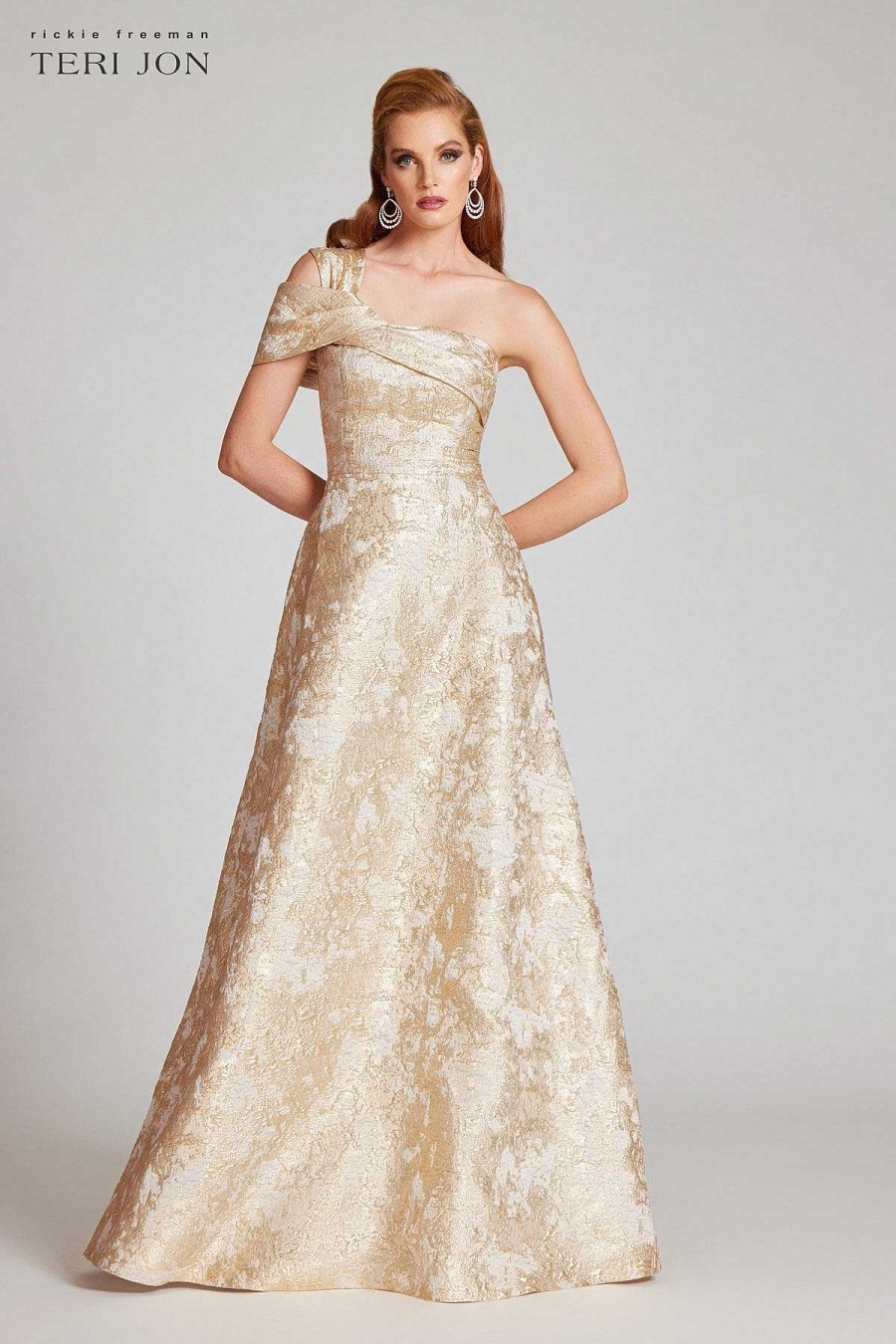 Clothing Teri Jon | Metallic Jacquard Asymettrical Gown Ivory/Gold