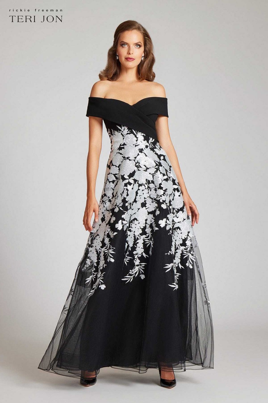 Clothing Teri Jon | Crepe Off The Shoulder Floral Embroidered Gown Black Silver