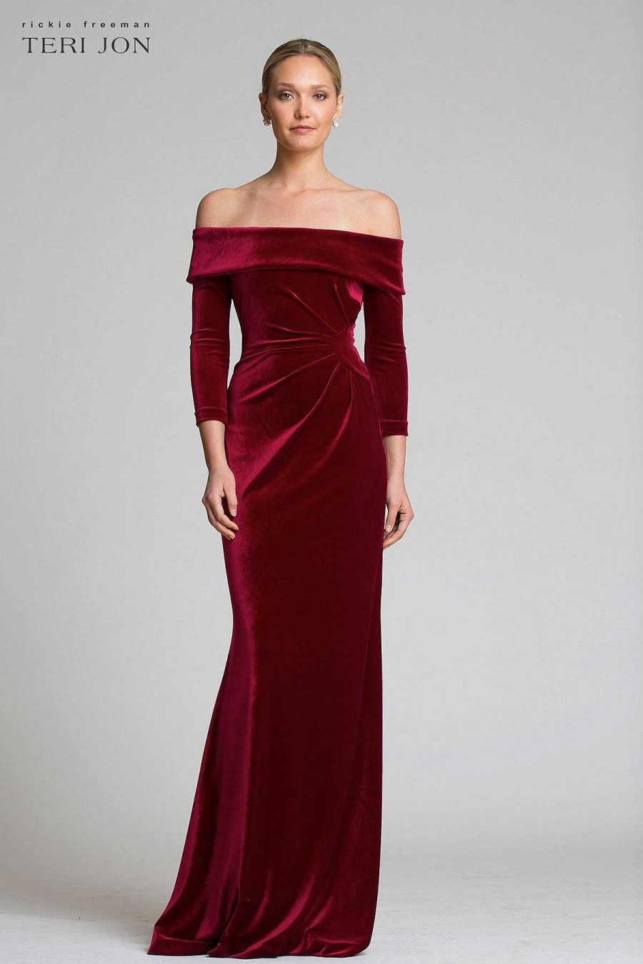 Clothing Teri Jon | Off The Shoulder Stretch Velvet Portrait Collar Column Gown