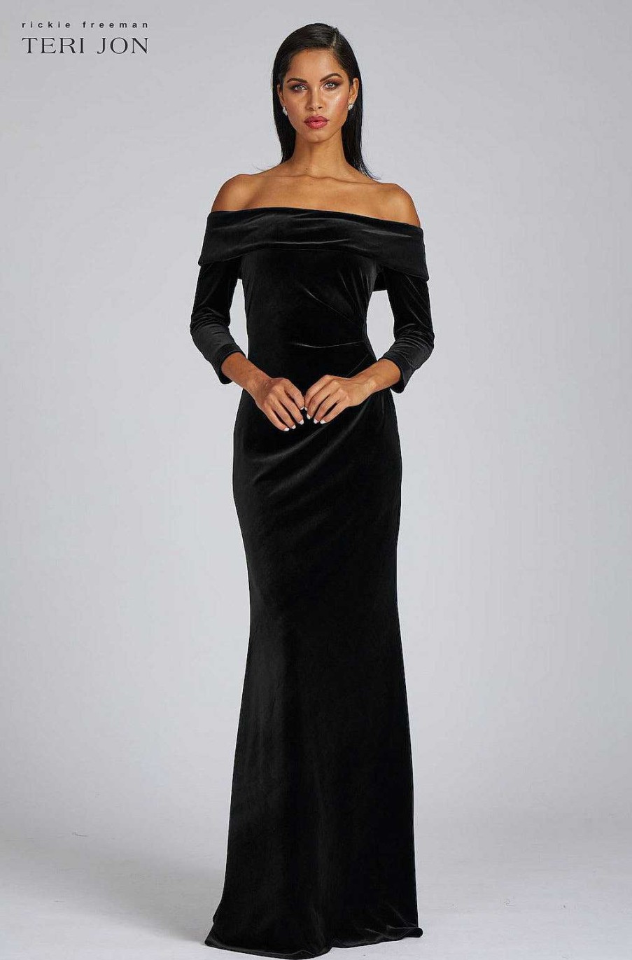 Clothing Teri Jon | Off The Shoulder Stretch Velvet Portrait Collar Column Gown