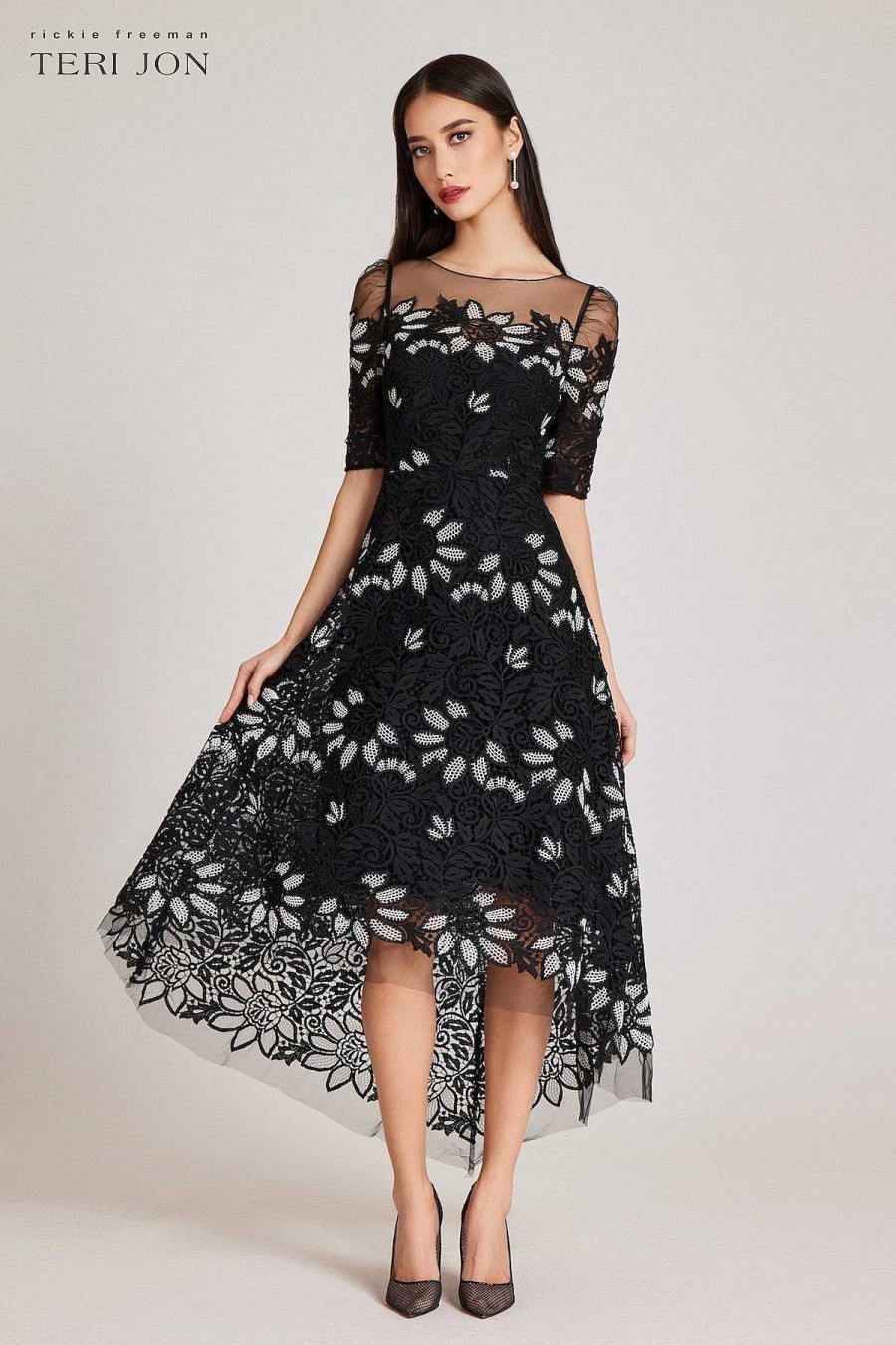 Clothing Teri Jon | Floral 2 Tone Elbow Sleeve Lace High Low Dress Black White