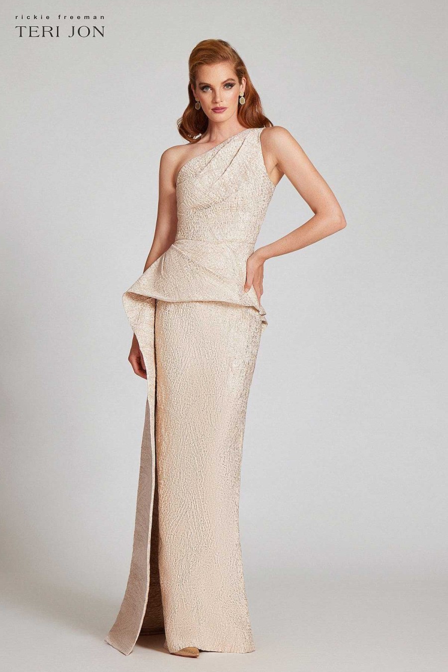 Clothing Teri Jon | One Shoulder Stretch Jacquard Asymmetrical Gown Gold