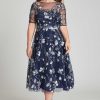 Clothing Teri Jon | Tea Length Embroidered Tulle Cocktail Dress Navy Multi