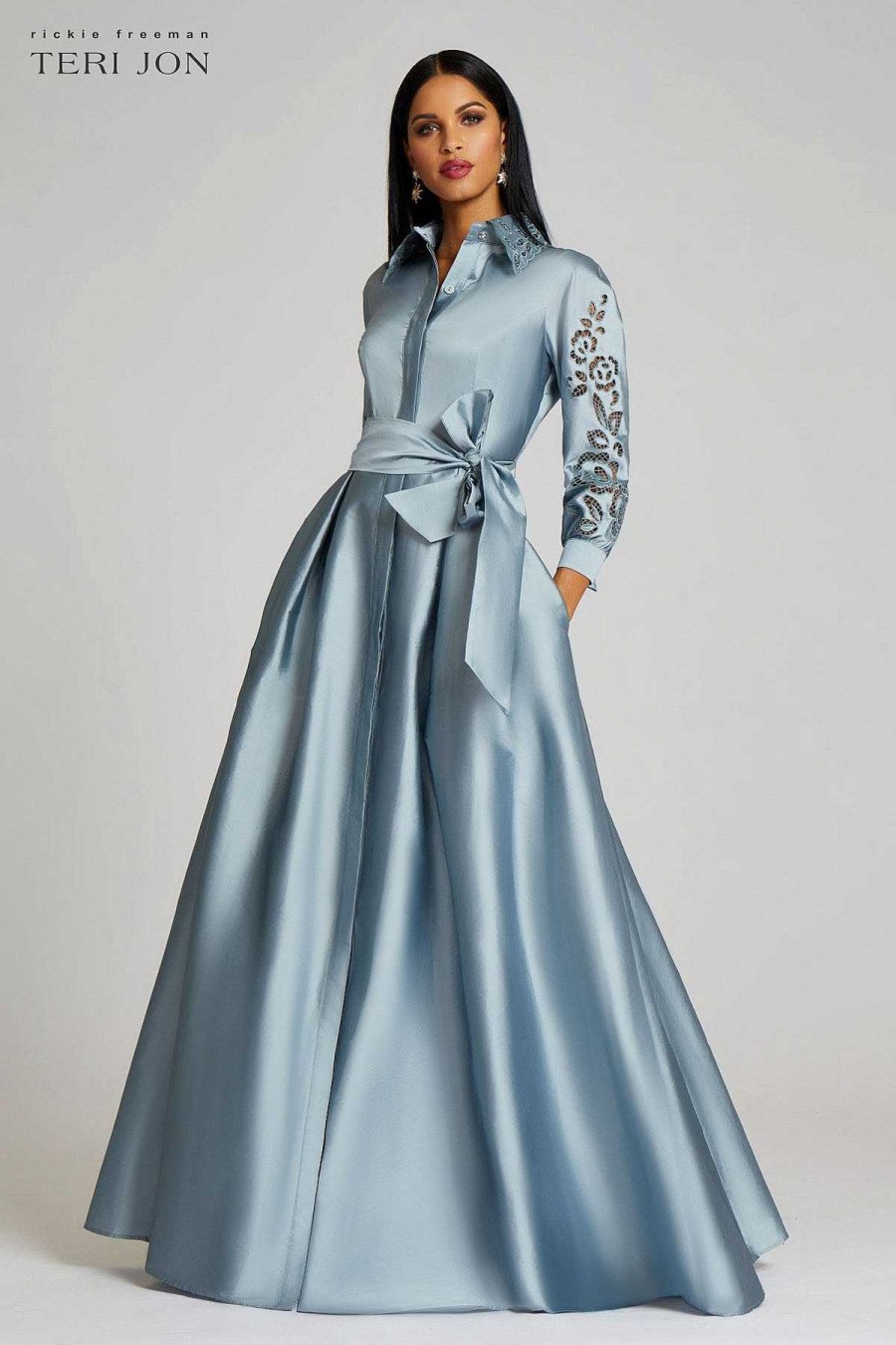 Clothing Teri Jon | Taffeta Shirtdress Gown With Eyelet Sleeve And Collar Slate